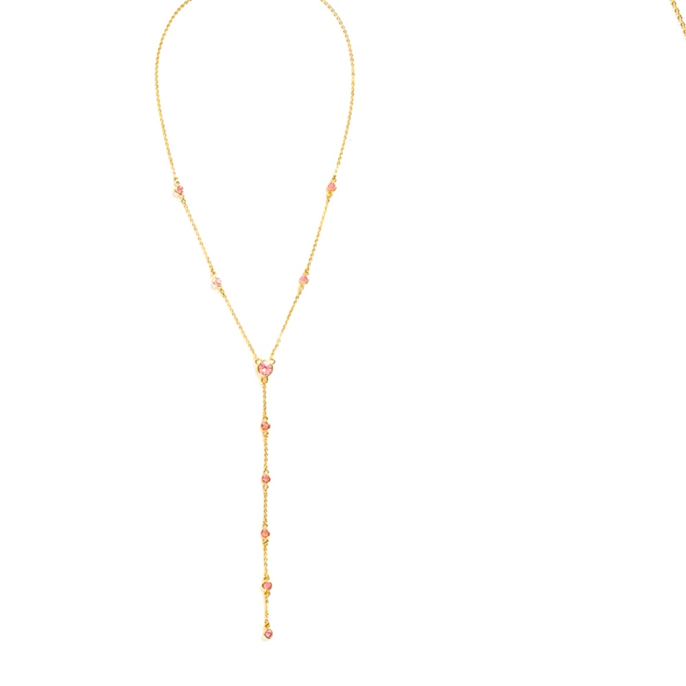 Gold Y Necklace with pink crystals